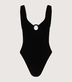 Hunza G V Neck-Celine Swim With Tonal Hoops - Black