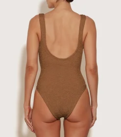 Hunza G V Neck-Celine Swim With Tonal Hoops - Metallic Cocoa