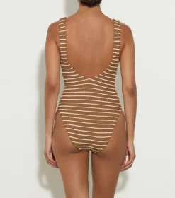 Hunza G V Neck-Celine Swim With Tonal Hoops - Metallic Cocoa/White Stripe
