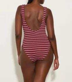 Hunza G V Neck-Celine Swim With Tonal Hoops - Wine/White Stripe