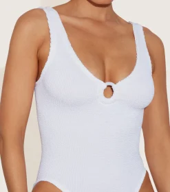 Hunza G V Neck-Celine Swim With Tonal Hoops - White