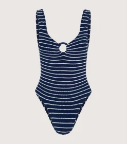 Hunza G V Neck-Coverage Celine Swim With Tonal Hoops - Navy/White Stripe