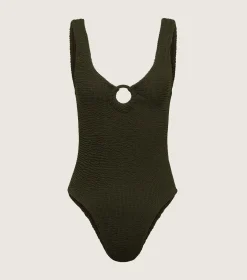 Hunza G V Neck-Coverage Celine Swim With Tonal Hoops - Metallic Khaki