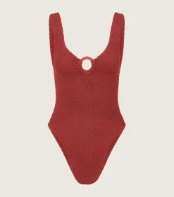 Hunza G V Neck-Coverage Celine Swim With Tonal Hoops - Metallic Rosewood