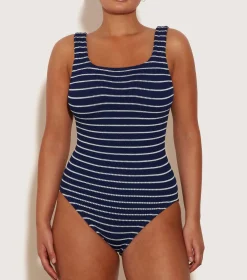 Hunza G Square Neck-Coverage Square Neck Swim - Navy/White Stripe