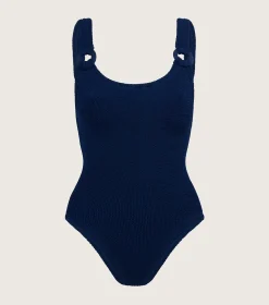 Hunza G Scoop Neck-Domino Swim With Tonal Hoops - Navy