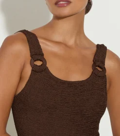 Hunza G Scoop Neck-Domino Swim With Tonal Hoops - Metallic Chocolate