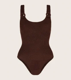 Hunza G Scoop Neck-Domino Swim With Tonal Hoops - Metallic Chocolate