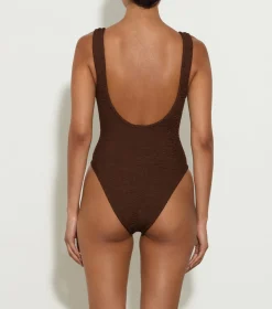 Hunza G Scoop Neck-Domino Swim With Tonal Hoops - Metallic Chocolate