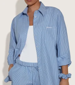 Hunza G Shirts And Tops-Embroidered Oversized Shirt - Blue Stripe