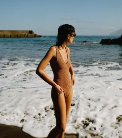 Hunza G V Neck-Sadie Swim - Metallic Cocoa