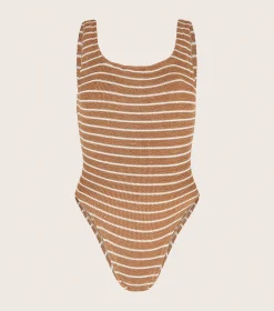 Hunza G Square Neck-Square Neck Swim - Metallic Cocoa/White Stripe
